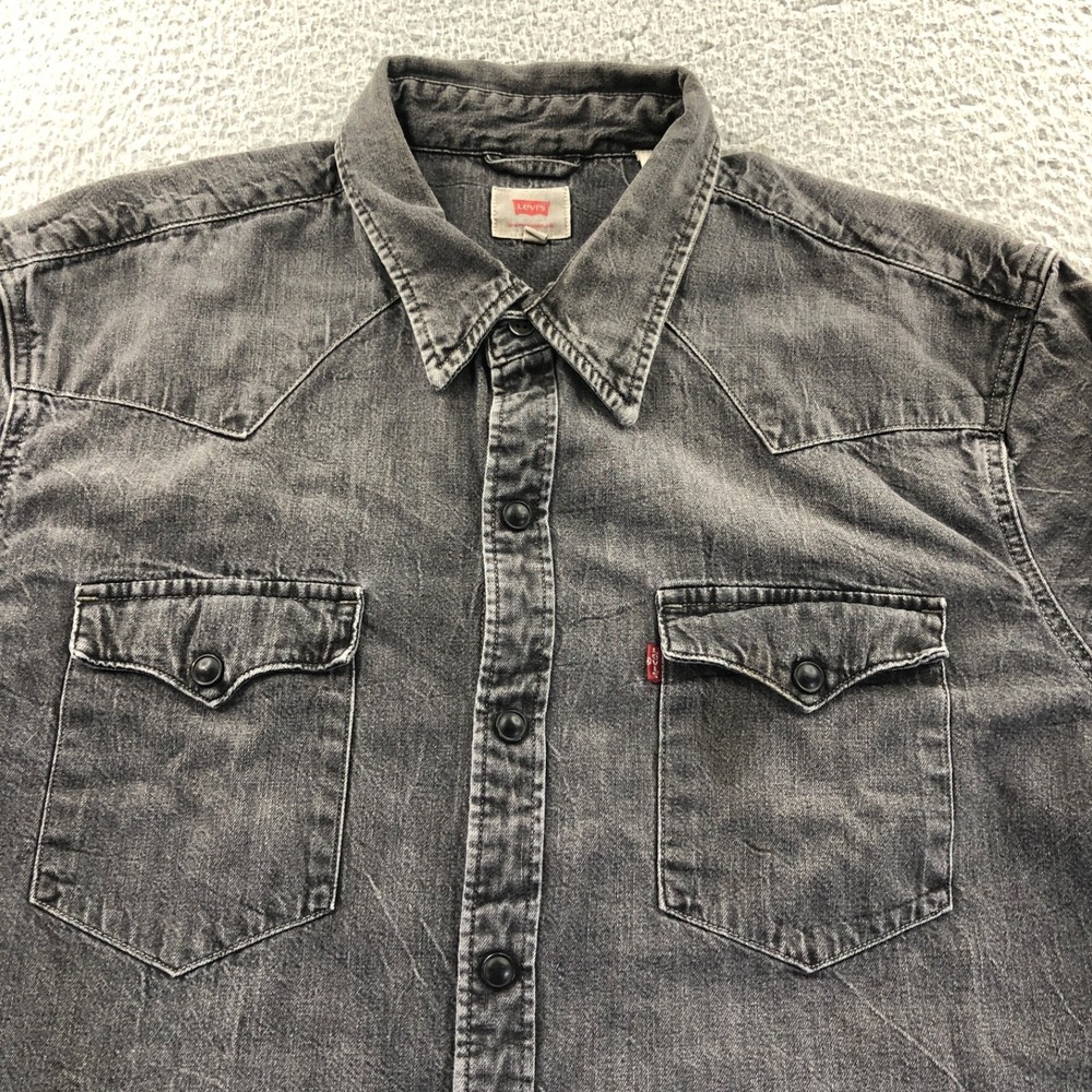 Levis Shirt Mens Large Charcoal Denim Pearl Snap Western Rodeo Long Sleeve - Picture 2 of 11